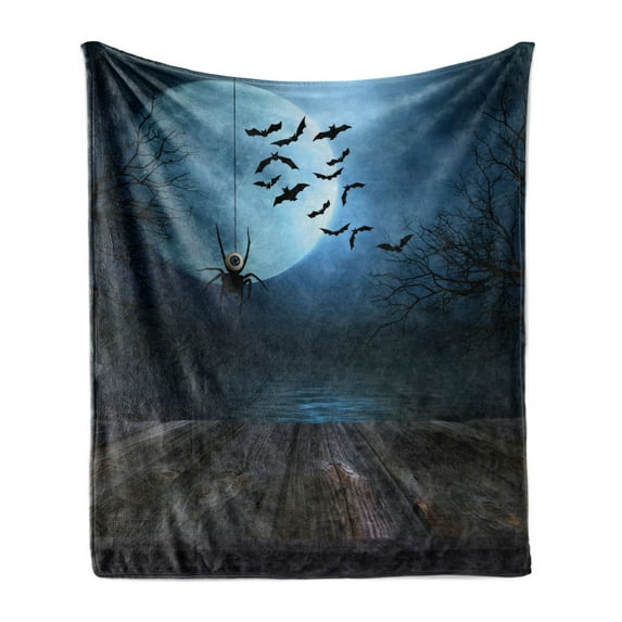 Halloween Soft Flannel Fleece Blanket, Misty Lake Scene Rusty Wooden Deck Spider Eyeball and Bats with Ominous Skyline, Cozy Plush for Indoor and Outdoor Use, 60" x 80", Blue Brown, by Ambesonne