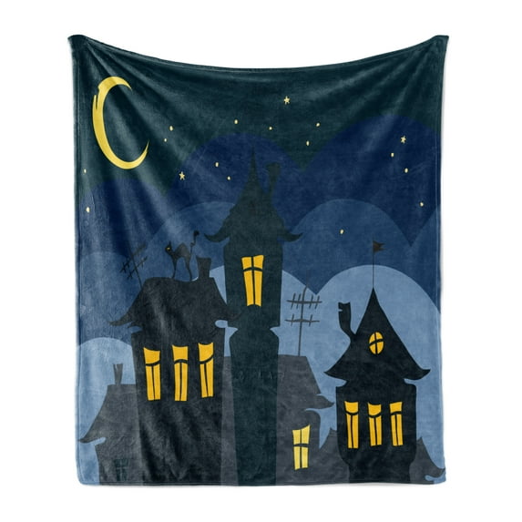 Halloween Soft Flannel Fleece Blanket, Old Town with Cat on the Roof Night Sky Moon and Stars Houses Cartoon Art, Cozy Plush for Indoor and Outdoor Use, 50" x 70", Black Yellow Blue, by Ambesonne