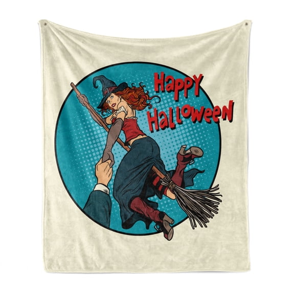 Halloween Soft Flannel Fleece Blanket, Pop Art Illustration of Witch Lady on Broomstick Holding Man's Hand, Cozy Plush for Indoor and Outdoor Use, 50" x 60", Cream Sea Blue Dark Pink, by Ambesonne