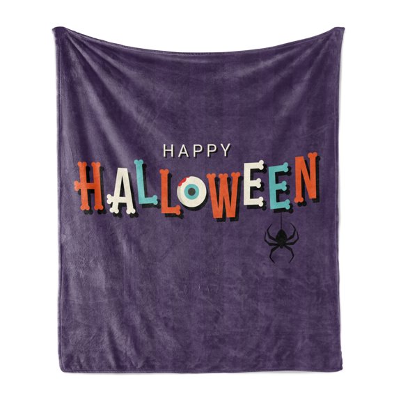 Halloween Soft Flannel Fleece Blanket, Text with Letters Shape as Bones Spooky Eye and Spider on Stripes Backdrop, Cozy Plush for Indoor and Outdoor Use, 70" x 90", Quartz Multicolor, by Ambesonne