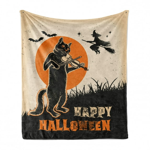 Halloween Soft Flannel Fleece Blanket, Vintage Graphic of Black Cat Playing Violin with Flying Bat and Witch, Cozy Plush for Indoor and Outdoor Use, 50" x 60", Orange Dark Grey Beige, by Ambesonne