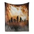 thumbnail image 1 of Halloween Soft Flannel Fleece Blanket, Zombies Dead Men Walking Body in the Doom Mist at Night Sky Haunted Theme Print, Cozy Plush for Indoor and Outdoor Use, 60" x 80", Orange Black, by Ambesonne, 1 of 6