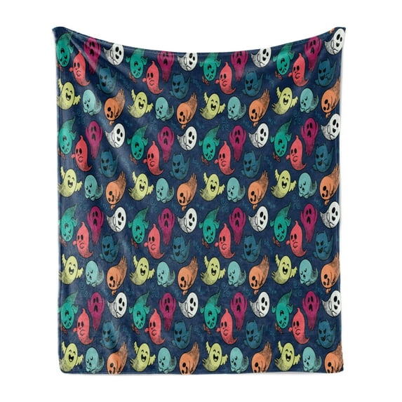 Halloween Soft Flannel Fleece Throw Blanket, Cartoonish Drawn Colorful Spooky Ghosts with Boo Wow and Help Lettering, Cozy Plush for Indoor and Outdoor Use, 70" x 90", Multicolor, by Ambesonne