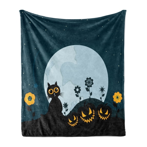 Halloween Soft Flannel Fleece Throw Blanket, Cat and Lanterns Moon on Floral Field with Starry Night Sky Star Cartoon Art, Cozy Plush for Indoor and Outdoor Use, 50" x 70", Blue Black, by Ambesonne