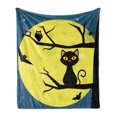 thumbnail image 1 of Halloween Soft Flannel Fleece Throw Blanket, Cat and Owl on Tree Branches with Full Moon, Cozy Plush for Indoor and Outdoor Use, 50" x 60", Petrol Blue Yellow, by Ambesonne, 1 of 5
