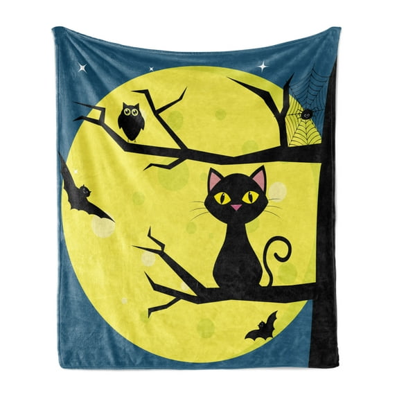 Halloween Soft Flannel Fleece Throw Blanket, Cat and Owl on Tree Branches with Full Moon, Cozy Plush for Indoor and Outdoor Use, 60" x 80", Petrol Blue Yellow, by Ambesonne