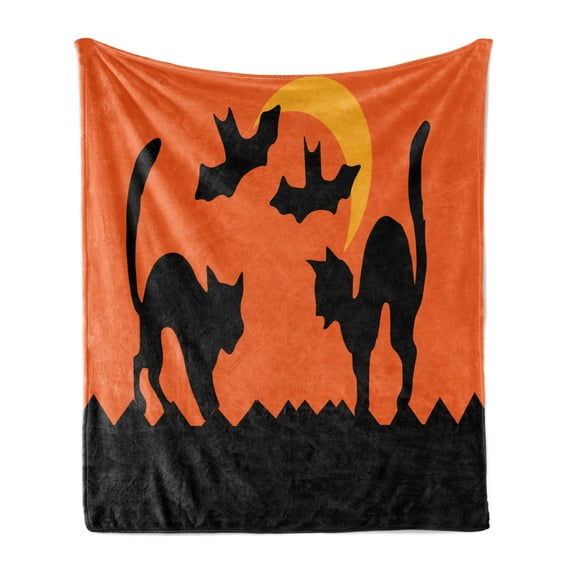 Halloween Soft Flannel Fleece Throw Blanket, Crescent Cats and Bats Silhouette Mystic Concept, Cozy Plush for Indoor and Outdoor Use, 60" x 80", Earth Yellow Orange, by Ambesonne