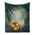 thumbnail image 1 of Halloween Soft Flannel Fleece Throw Blanket, Drawing of Scary Halloween Pumpkin Enchanted Forest Mystic Twilight Party Art, Cozy Plush for Indoor and Outdoor Use, 60" x 80", Orange Teal, by Ambesonne, 1 of 6