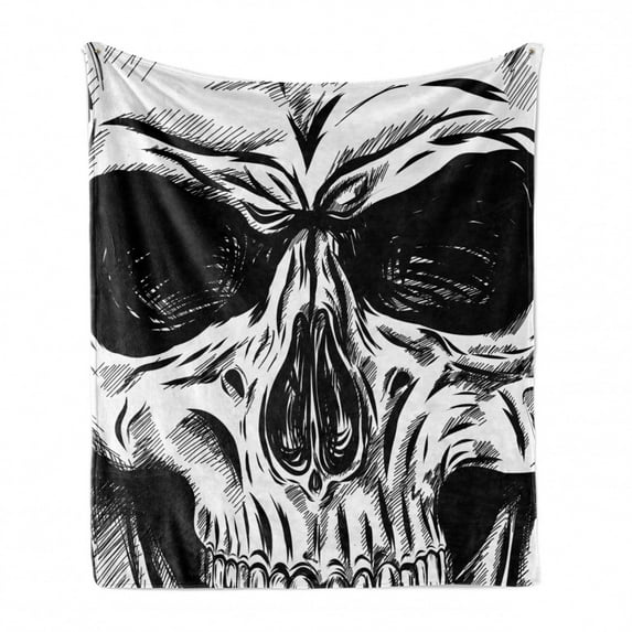 Halloween Soft Flannel Fleece Throw Blanket, Gothic Dead Skull Face Close up Sketch Evil Anatomy Skeleton Illustration, Cozy Plush for Indoor and Outdoor Use, 70" x 90", Black White, by Ambesonne