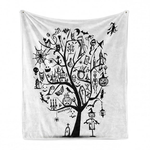 Halloween Soft Flannel Fleece Throw Blanket, Sketchy Spooky Tree Scary Design Objects and Wicked Witch Broom Abstract, Cozy Plush for Indoor and Outdoor Use, 60" x 80", Black White, by Ambesonne