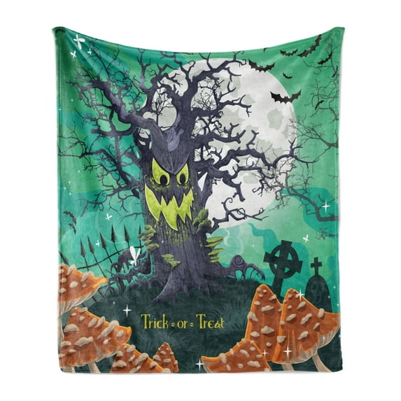 Halloween Soft Flannel Fleece Throw Blanket, Trick or Treat Dead Forest with Spooky Tree Graves Big Kids Cartoon Art Print, Cozy Plush for Indoor and Outdoor Use, 60" x 80", Multicolor, by Ambesonne