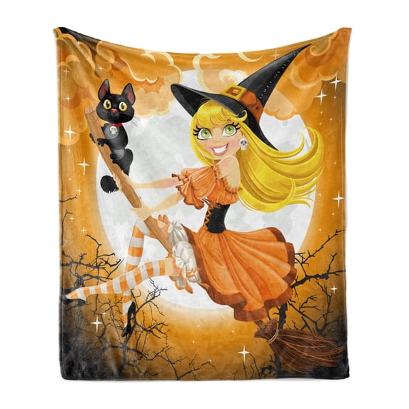 Halloween Soft Flannel Fleece Throw Blanket, Witch on a Broom Baby Kitten and Hazy Moonlight Themed Colors October, Cozy Plush for Indoor and Outdoor Use, 70" x 90", Multicolor, by Ambesonne