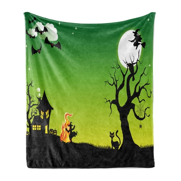 Halloween Soft Flannel Fleece Throw Blanket, Witches Dancing Flying at October Western Horror Image Illustration, Cozy Plush for Indoor and Outdoor Use, 70" x 90", Black Green, by Ambesonne