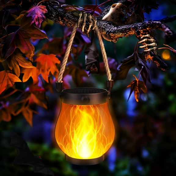 Halloween Solar Flame Lantern Hanging Outdoor Waterproof Purple - 2 Pack Flame Lanterns with Dual Charging Modes of Solar & USB for Garden or Yard Halloween Decorations (Warm White - 2 Pack)