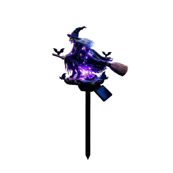 Halloween Solar Garden Lights, Flying Witch Stake Lamp Outdoor Waterproof Auto On/Off Purple LED Yard Decor for Lawn Pathway Party Resin