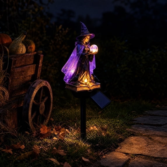 Halloween Solar Garden Lights, Witch Crystal Ball Stake Light, Auto On/Off Waterproof Outdoor Decor for Yard Pathway Lawn Patio, Resin