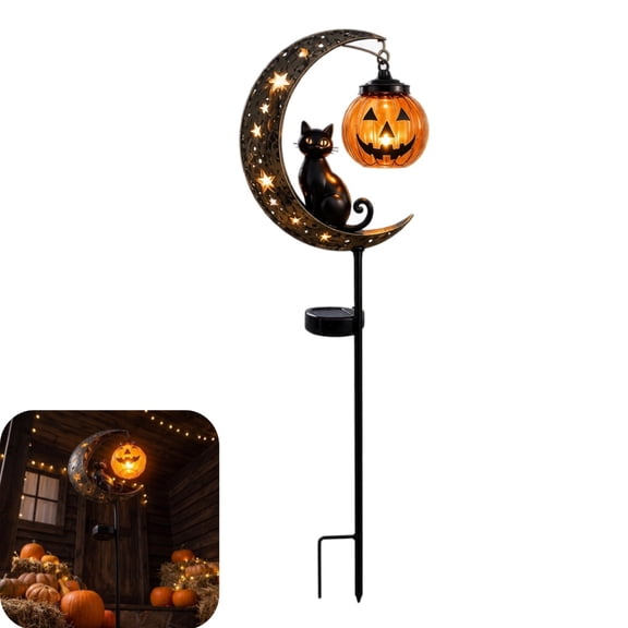 Halloween Solar Garden Stake Light, 33.4in Tall Metal Pumpkin & Moon Outdoor Decor, Weather-Resistant Pathway Yard Illumination, Auto On/Off Spooky Landscape Lighting