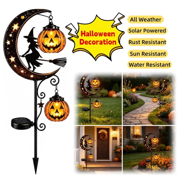 Halloween Solar Garden Stake Light, Metal Hanging Pumpkin Lantern Waterproof for Yard Lawn Proch