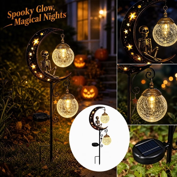 Halloween Solar Garden Stake Lights, 32 Inch Crescent Metal Skeleton Pathway Lamp with 2 LED Lanterns, Waterproof Outdoor Solar Yard Ground Light, Halloween Decorations for Lawn Patio Fence