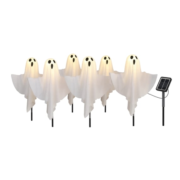 Halloween Solar Ghost Lights with Warm White Led and Stake Design, 6-Pack, White, for Outdoor Yard and Pathway, Halloween Decorations