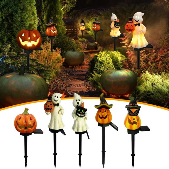 Halloween Solar Ghost Pumpkin Lights Outdoor, Solar Halloween Decorations Halloween Realistic Resin Ghost Pumpkin Decor, Waterproof Halloween Pathway Lights for Yard Outside