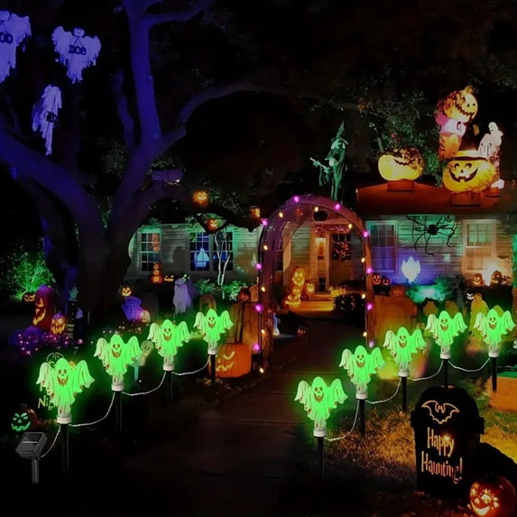 Halloween Solar Ghost Stake Lights 8 Pack Green LED Glowing Ghost Pathway Lights Waterproof Solar Powered Outdoor Lights with Auto On/Off for Garden Walkway Patio Halloween Decor