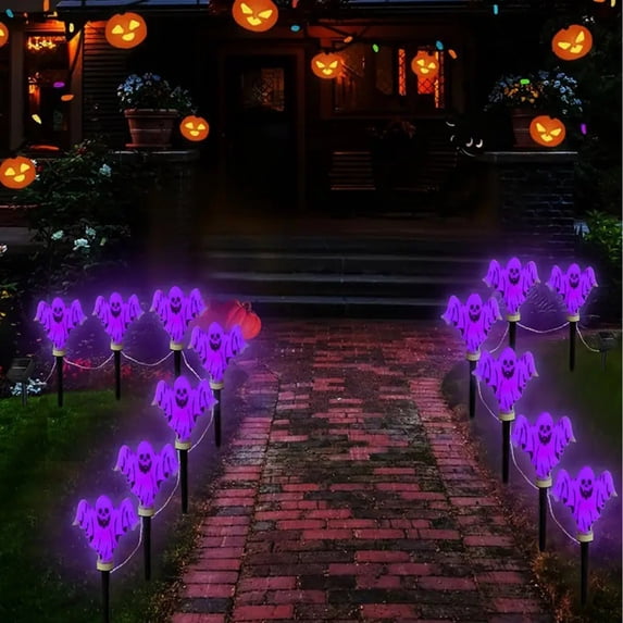 Halloween Solar Ghost Stake Lights 8 Pack Purple LED Glowing Ghost Pathway Lights Waterproof Solar Powered Outdoor Lights with Auto On/Off for Garden Walkway Patio Halloween Decor