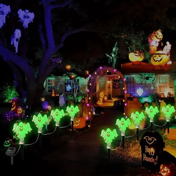 Halloween Solar Ghost Stake Lights, 8 Pack Solar Powered LED Ghost Pathway Lights With Waterproof Auto On Off Energy Saving Design, Outdoor Halloween Decor for Yard Garden Walkway Patio Lawn