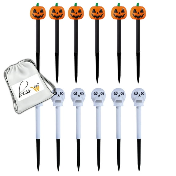 (6) Halloween Solar LED Skull Pumpkin Stake Lights 13in Easy Install Plastic Solar-Powered Yard Stakes Spooky Lantern Pathway Markers Outdoor Waterproof Garden Light Haunted House Night Props