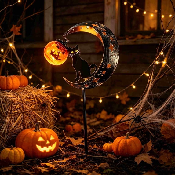 Halloween Solar Lights, Halloween Black Cat Pumpkin Moon Garden Stake Light | Halloween Decorations Solar Pumpkins Lantern Outdoor Decor for Garden, Patio, Lawn, Walkway