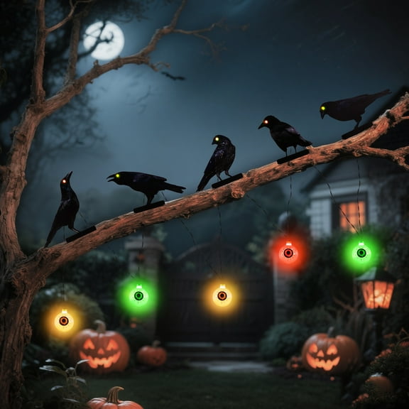 Halloween Solar Lights Outdoor 5 Pack Metal Crow & Eyeball for Fence, Tree, Haunted Garden Decor Gothic Party Home Decoration