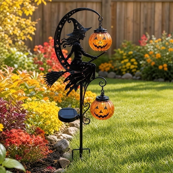 Halloween Solar Lights Outdoor Witch Wicked Resin Statue, LED Waterproof Spooky Yard Art Decorative Stake for Lawn Patio