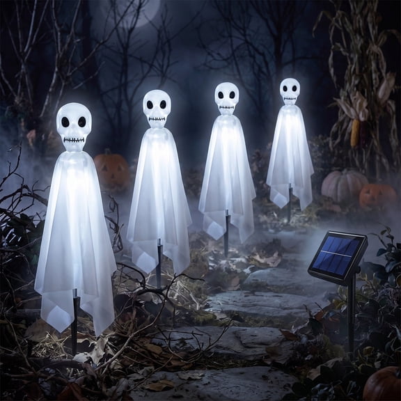 Halloween Solar Pathway Lights 20.5", 4 Pack Skeleton Ghost Lawn Stakes, Solar Powered Outdoor Pathway Decor, Set of 4
