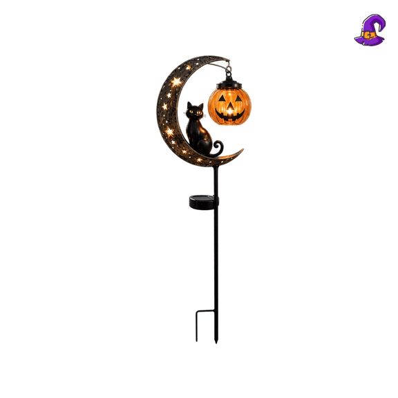 Halloween Solar Powered Metal Moon Black Cat Garden Stake Light, Hanging Glass Jack-O-Lantern LED Path Lamp, Waterproof Outdoor Yard Ornament, Halloween Decor & Summerween Decor