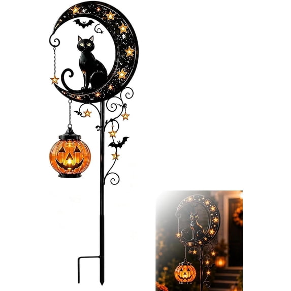 Halloween Solar Pumpkin Moon Garden Stake Light, Black Cat Crescent Moon with Hanging Pumpkin Lantern, Waterproof Outdoor Yard Decor for Garden, Patio, Lawn & Pathway