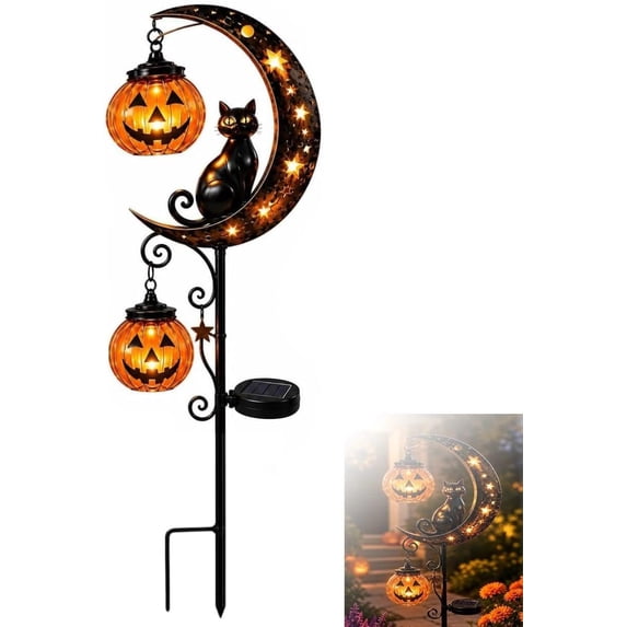 Halloween Solar Pumpkin Moon Garden Stake Light, Black Cat Crescent Moon with Hanging Pumpkin Lantern, Waterproof Outdoor Yard Decor for Garden, Patio, Lawn & Pathway