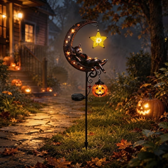 Halloween Solar Pumpkin Moon Garden Stake Light, Outdoor Waterproof LED Yard Decoration with Black Cat & Crescent Moon, Hanging Star & Jack‑o'‑lantern for Garden Patio Lawn Pathway