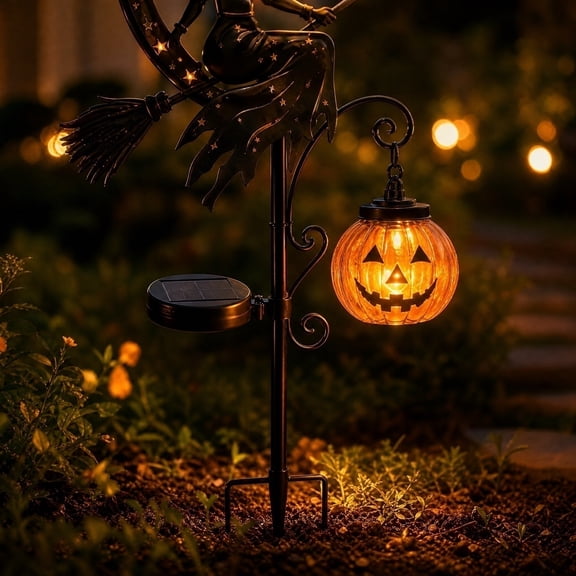 Halloween Solar Pumpkin Moon Garden Stake Lights Outdoor, Metal Witch Riding Moon Yard Decor with 2 Hanging Pumpkin Lanterns, Waterproof LED Fall Decoration for Patio Lawn Pathway Haunted House