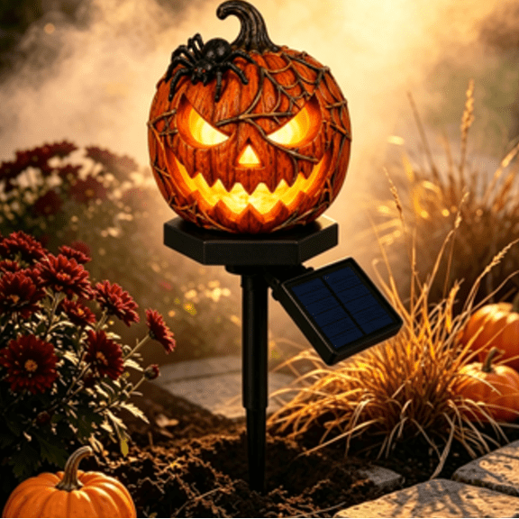 Halloween Solar Pumpkin Stake Lights, Resin Jack O Lantern Decorations, Warm Glow Outdoor Lamp for Garden Lawn Yard Pathway Halloween Decor (Spider Web)