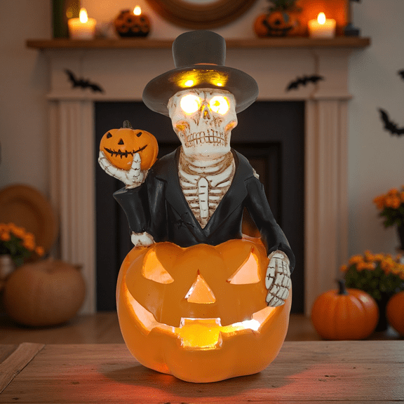 Halloween Solar Skeleton Pumpkin Lights Decor, Led Jack-O-Lantern Pumpkin Skulls Statue Figurine Light for Outside Garden Patio Porch Balcony Halloween Party & Yard Home Indoor Outdoor Decoration
