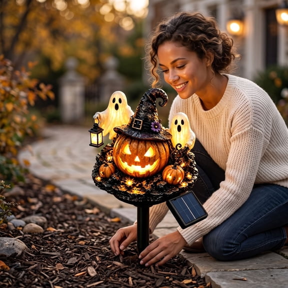Halloween Solar Stake Light, Pumpkin Garden Lamp, Yard Decoration Prop, Auto Solar Charging and Weatherproof Durable Build for Garden Pathways, Front Lawns and Patio Borders.