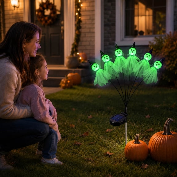 Halloween Solar Stake Lights, LED Ghost Figure Garden Glow with Witch Hat, Weatherproof Pathway Lantern for Yard Patio