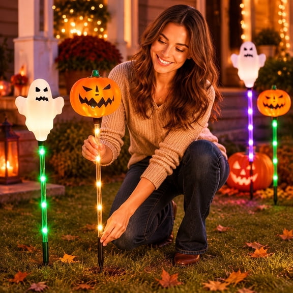 Halloween Solar Stake Lights Set, LED Pumpkin Ghost Garden Decorations, Outdoor Yard Pathway Lawn Display, Haunted House Holiday Lighting, Fall Festival Seasonal Decorative Accent