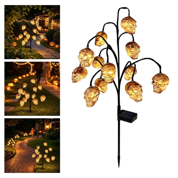 Halloween Solar Stake Lights Set, Solar Powered Skull Ground Stake Light with 12 Sculpted Skull Heads, Bendable Branches for Lawn Flower Bed Patio Decor