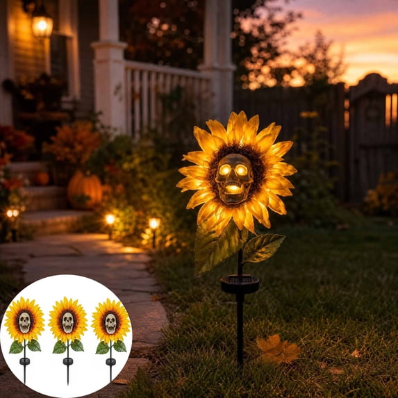 Halloween Solar Sunflower Skull Stake Light, Spooky LED Skull Flower Pathway Light, Halloween Solar Garden Stake Light with LED Skull Flower, 3pc, 60*25cm