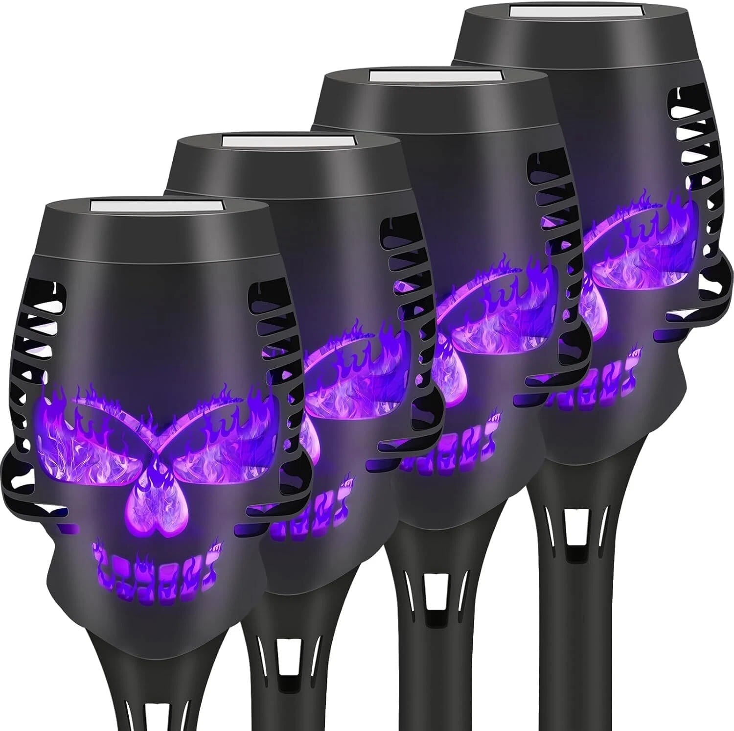 Halloween Solar Torch Lights, 4-Pack Flickering Flame Outdoor Lighting - Waterproof Pathway & Garden Decor, Purple Skull Design