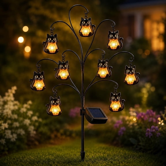 Halloween Solar Tree Stump Light, Cute Glowing CatOutdoor Decor, Twinkling Pathway Light, Magical Vintage Lantern, Rustic Fall Porch Decoration, Waterproof Skeleton Pathway Lights