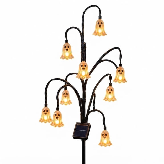 Halloween Solar Tree Stump Light, Cute Glowing Ghost Pathway Lamp with Warm White Twinkling Branches, Rustic Fall Yard Decor for Patio Lawn Porch