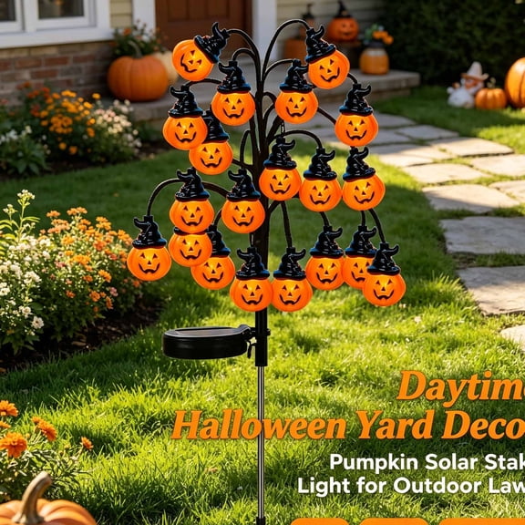 Halloween Solar Tree Stump Light - Halloween Solar Flower-Shaped Ground Lights, Halloween Solar Light with Ghost, Pumpkin, Skull, Bat, Witch Hat and Black Cat for Walkway Lawn Porch Yard