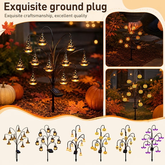 Halloween Solar Tree Stump Light, Vintage Glass Solar Pathway Lantern, Rustic Fall Glowing Outdoor Stake Decor for Lawn Porch Patio Walkway